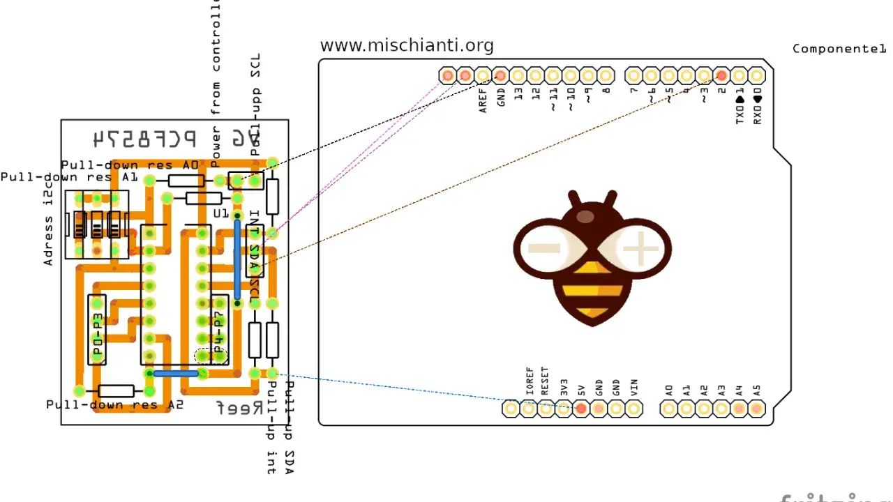 Schema di collegamento Fritzing Arduino con componenti per comunicazione I2C, inclusi resistori pull-up e pull-down.