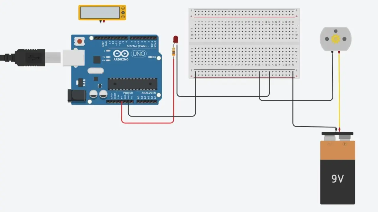 Schema di collegamento con Arduino Uno, breadboard, LED, motore e batteria 9V. Un progetto base per imparare l'elettronica.