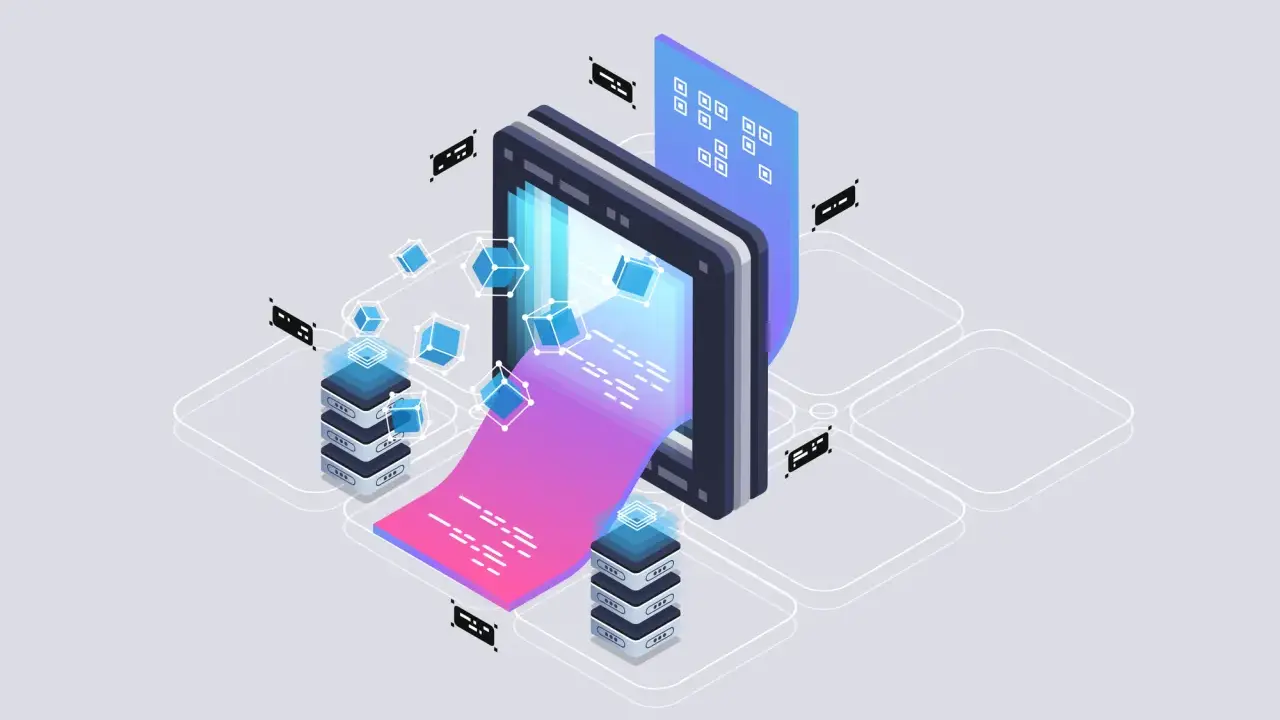 Server che elaborano dati, con cubi blu che fluttuano. Un flusso di dati viola e rosa esce da un tablet, mostrando come sql è un linguaggio di programmazione.