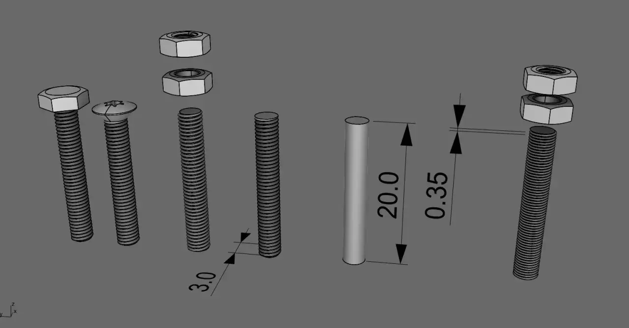 Dettagli di filettature SolidWorks: bulloni, dadi e un cilindro con misure.
