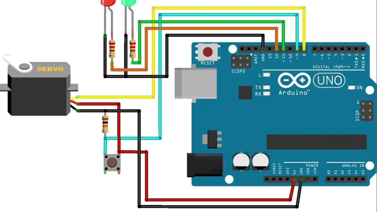Schema di collegamento con servo, due LED, un pulsante e Arduino Uno. Il servo è collegato a un pin digitale.