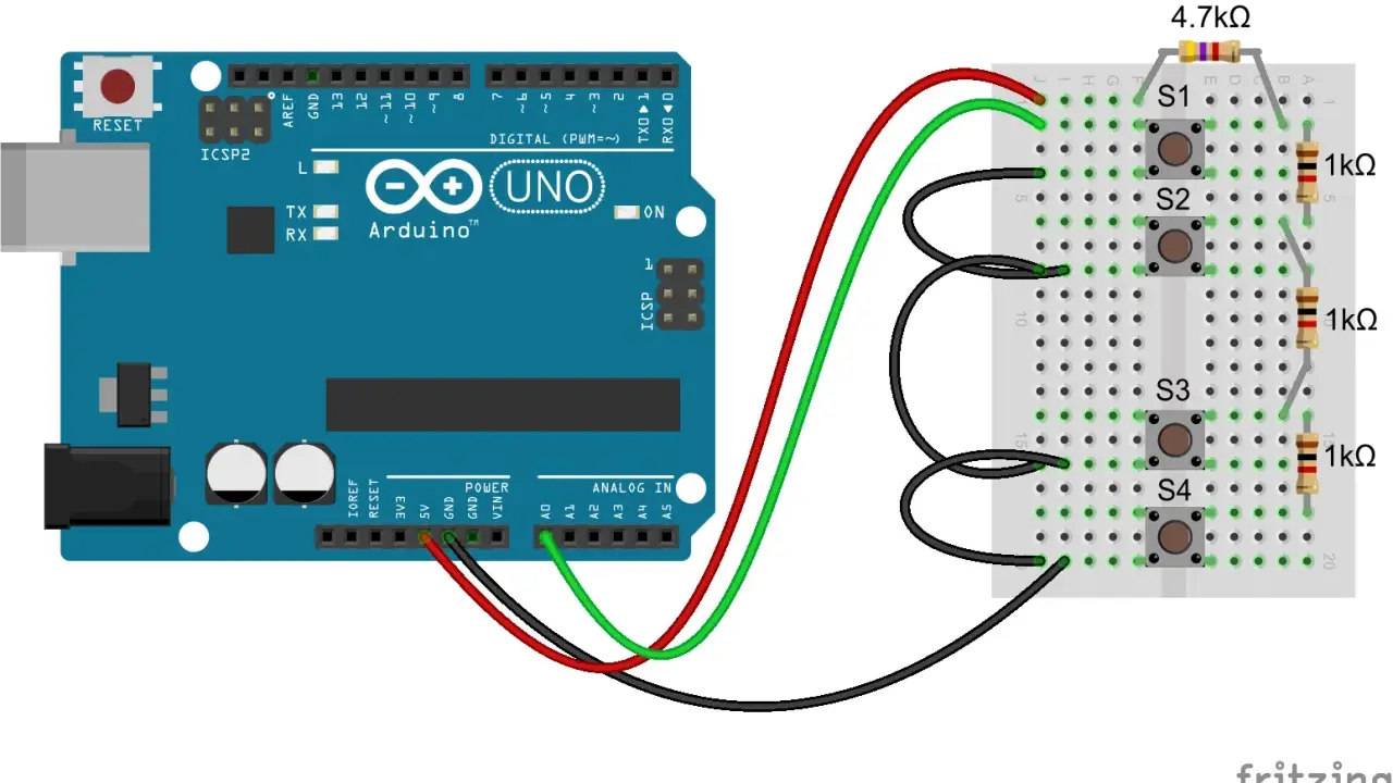 Un pin Arduino collegato a una breadboard con quattro pulsanti (S1-S4) e resistori.