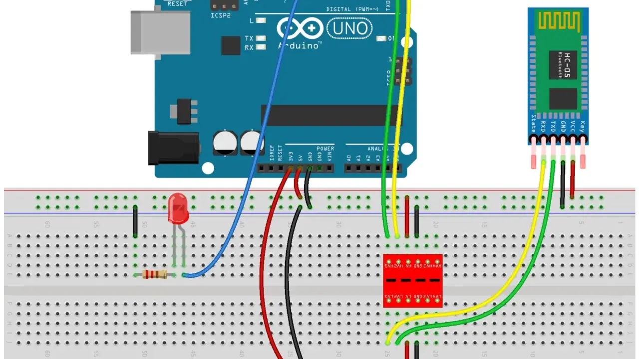 Circuito con Arduino Uno e modulo **arduino bluetooth** HC-05 collegati su breadboard, con LED e resistore.