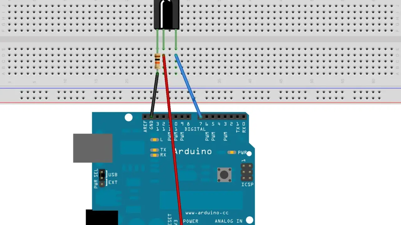 Schema di un **arduino ir transmitter** su breadboard: un diodo IR collegato a un resistore e all'Arduino tramite cavi.