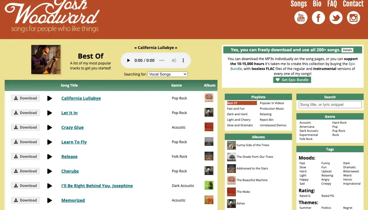 Sito per scaricare musica gratis: Josh Woodward offre download gratuiti di canzoni, playlist e album.