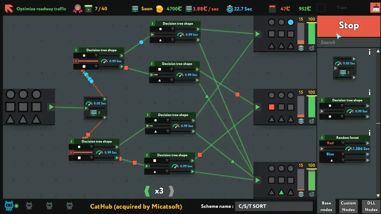 Interfaccia di giochi di programmazione con nodi e schemi decisionali per ottimizzare il traffico.