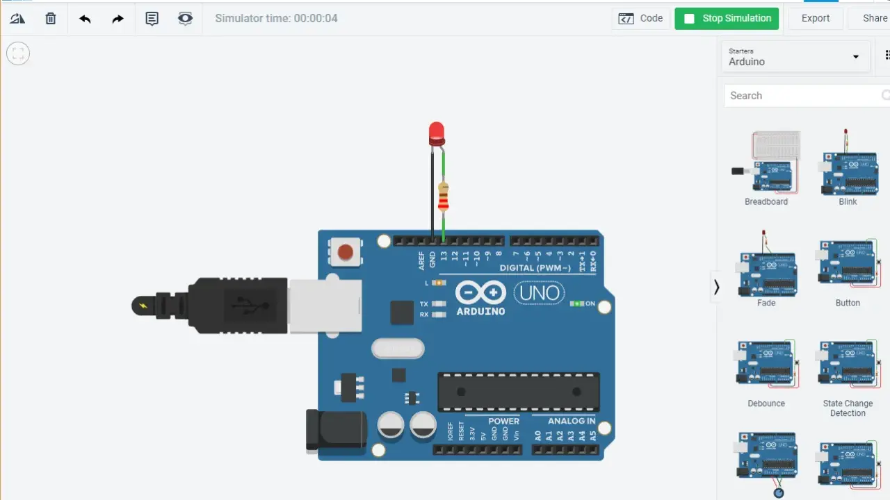 Un simulatore Arduino mostra una scheda UNO collegata via USB, con un LED e un resistore collegati.