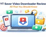 Un laptop mostra un'icona di download video, con un telefono, cuffie e una cartella di file. Un'illustrazione che promuove un yt downloader.