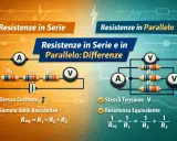 Schema elettrico che illustra le differenze tra resistenze in serie e in parallelo. La parte sinistra mostra un collegamento in serie con tre resistori e la formula per la resistenza equivalente.