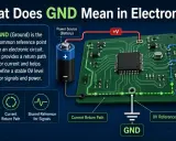 Schema elettrico che illustra il GND (massa) come punto di riferimento comune, sia positivo che negativo, per il ritorno della corrente e la stabilità dei segnali.