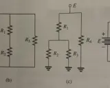 Quattro schemi elettrici con resistori e generatori. Nel circuito (a) la corrente si divide in parallelo tra R1, R2 e R3.
