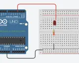 Schema di collegamento per lezioni Arduino: un LED e una resistenza collegati a un Arduino Uno tramite breadboard.