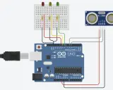 Schema di un **arduino project** con sensore a ultrasuoni HC-SR04, breadboard, LED e resistori collegati a un Arduino Uno.