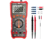 Multimetro rosso con puntali, batterie e fusibili. Utile per la prova transistor schema.