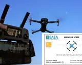 Drone in volo controllato da remoto, con certificato A2 Open Category EASA.