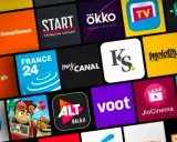 Schermata di una smart TV con tante icone di aplicativos per l'italiano, tra cui Rakuten TV, Molotov e altri servizi di streaming.