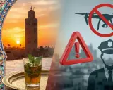 Splendido tramonto in Marocco con tè alla menta, ma attenzione: il **drone Marocco** è vietato, segnalato da un poliziotto.