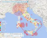 Mappa dell'Italia con aree colorate che indicano dove si può volare con il drone, con diverse restrizioni di altezza.