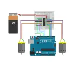 Schema di collegamento Arduino Uno con due motori DC, alimentati da una batteria 5V, tramite un chip L293D su breadboard.