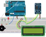Arduino Uno con modulo ds3231, display LCD, LED e buzzer su breadboard.