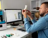 Uomo osserva un oggetto stampato in 3D, con un computer che mostra un modello 3D e una stampante 3D. Verifica i requisiti per Fusion 360.