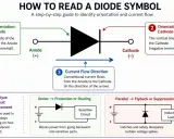 Schema del diodo ideale: identifica anodo, catodo e direzione del flusso di corrente. Illustra usi in serie e parallelo.
