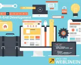 Strumenti e icone per la programmazione front end: computer, laptop con codice, valigetta, lampadina, ingranaggio, righello.
