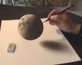 Un incredibile mano 3d disegno della luna, con un'ombra realistica che si proietta sulla carta.