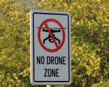 Cartello "No Drone Zone" in Italia, con un drone barrato. La natura circostante è rigogliosa e verde.