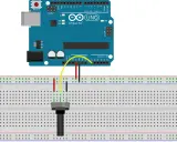Arduino Uno collegato a un potenziometro su breadboard. Il potenziometro Arduino è pronto per essere letto.