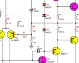 Schema elettrico che illustra come funziona un circuito elettrico con transistor, resistori, condensatori e diodi, culminando in un altoparlante.