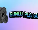 Bobina di filamento nero e un oggetto stampato in 3D, con testo "SUNLU PLA GUIDE". Ottieni i migliori **Sunlu PLA settings** per le tue stampe.