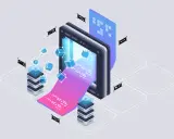 Server che elaborano dati, con cubi blu che fluttuano. Un flusso di dati viola e rosa esce da un tablet, mostrando come sql è un linguaggio di programmazione.