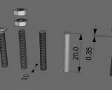 Dettagli di filettature SolidWorks: bulloni, dadi e un cilindro con misure.