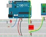 Circuito con Arduino Uno e modulo **arduino bluetooth** HC-05 collegati su breadboard, con LED e resistore.
