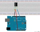Schema di un **arduino ir transmitter** su breadboard: un diodo IR collegato a un resistore e all'Arduino tramite cavi.