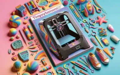 Stampante 3d circondata da giocattoli colorati e strumenti creativi, un vero sito 3d di fantasia.