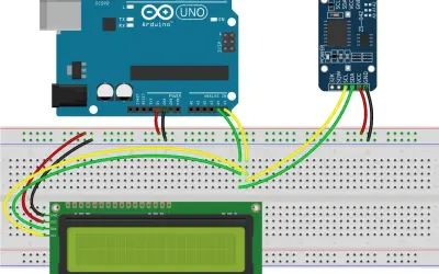 Schema di un **arduino clock** con display LCD e modulo RTC collegati a una breadboard.