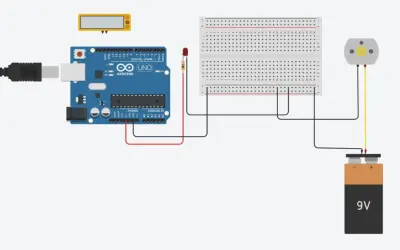 Schema di collegamento con Arduino Uno, breadboard, LED, motore e batteria 9V. Un progetto base per imparare l'elettronica.