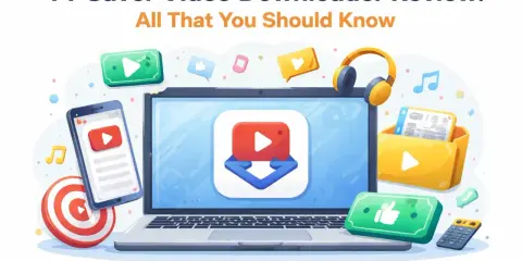Un laptop mostra un'icona di download video, con un telefono, cuffie e una cartella di file. Un'illustrazione che promuove un yt downloader.