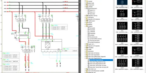 Schema elettrico con simboli IEC. Il vcc significato è "Interruttore magnetotermico unipolare", un componente di protezione.
