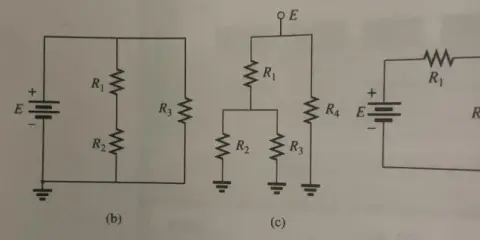 Quattro schemi elettrici con resistori e generatori. Nel circuito (a) la corrente si divide in parallelo tra R1, R2 e R3.