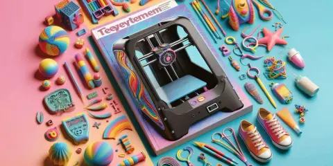 Stampante 3d circondata da giocattoli colorati e strumenti creativi, un vero sito 3d di fantasia.
