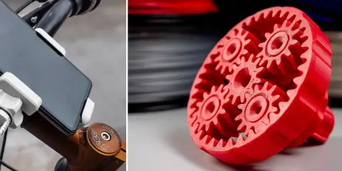Supporto per smartphone da bicicletta stampato in ASA e un complesso ingranaggio planetario rosso, anch'esso stampato in 3D.