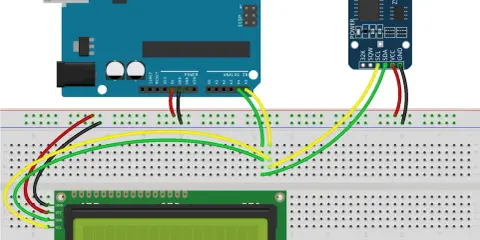 Schema di un **arduino clock** con display LCD e modulo RTC collegati a una breadboard.