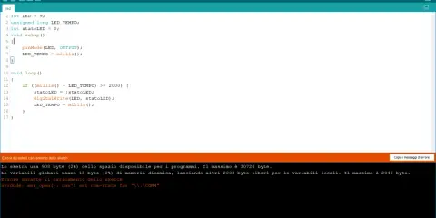 Codice Arduino su Mac per far lampeggiare un LED. Errore di caricamento sketch su COM4.