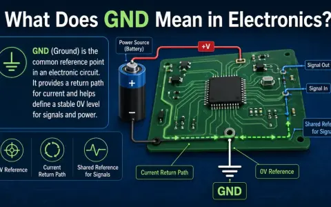 Schema elettrico che illustra il GND (massa) come punto di riferimento comune, sia positivo che negativo, per il ritorno della corrente e la stabilità dei segnali.