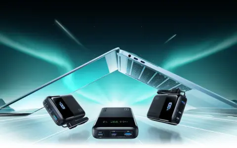 Tre alimentatori portatili, uno dei quali con display digitale al 100%, pronti a fornire energia. Un laptop aperto fluttua sullo sfondo, suggerendo la potenza di un alimentatore 100 ampere.