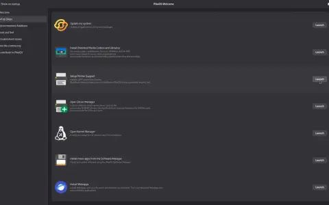 Schermata di PikaOS con opzioni di configurazione, inclusa l'installazione di driver per stampanti, un software gestione stampa free.