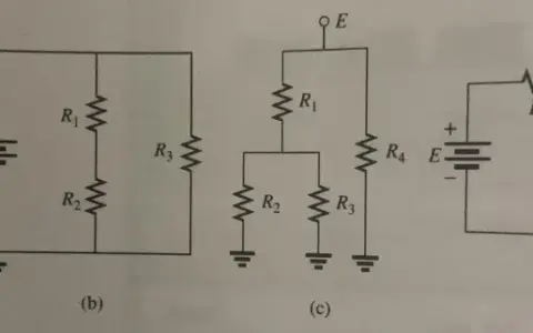 Quattro schemi elettrici con resistori e generatori. Nel circuito (a) la corrente si divide in parallelo tra R1, R2 e R3.